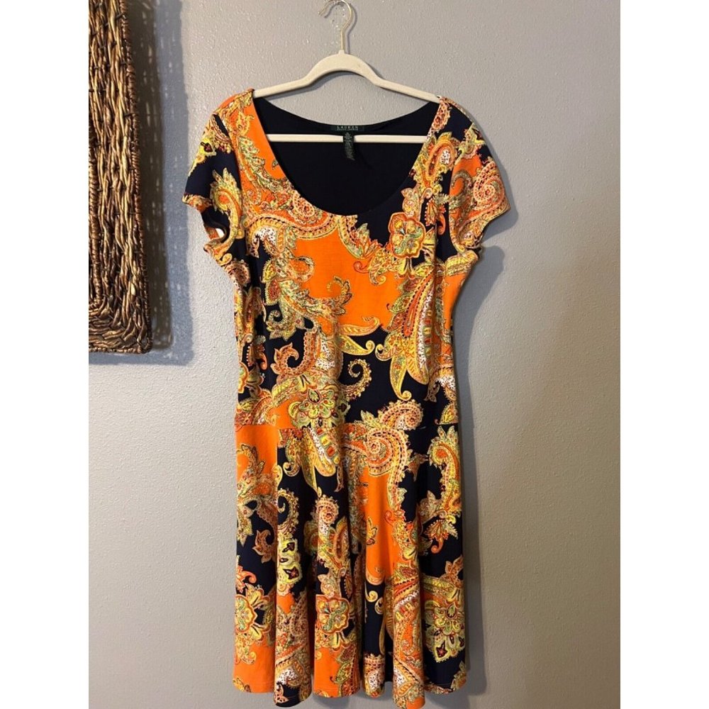 Ralph Lauren Midi Dress XL Extra Large A Line Paisley Short Sleeve Washable - Picture 10 of 11